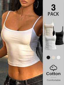 3 piezas Tops de camisola básicos casuales para mujer, Negro/Blanco/Albaricoque, Ajustados de corte slim sin mangas, Mezcla de algodón, Para uso diario - Multicolor - Ver 10
