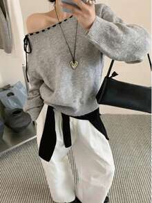 Minimalist Elegant Lace-Up Boat Neck Long Sleeve Knit Top - Light Grey - View 1