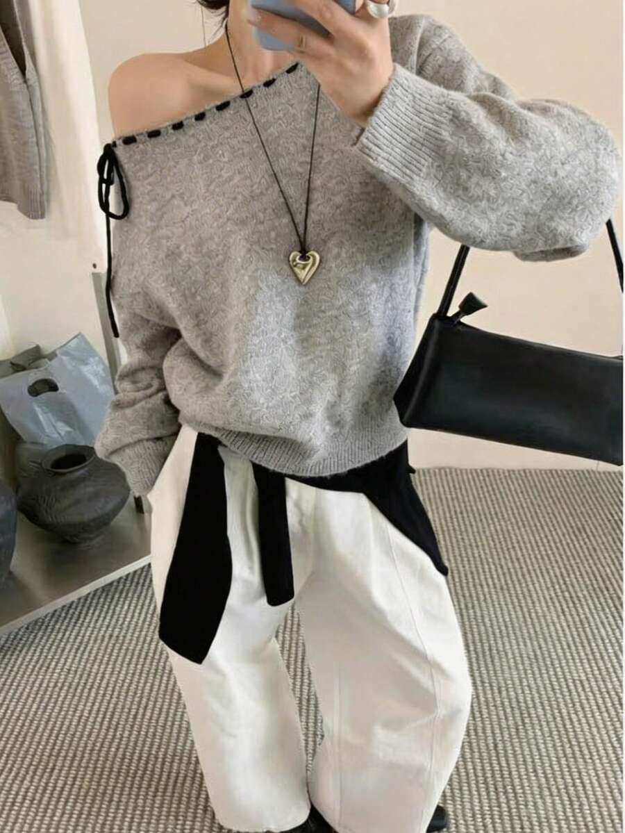 Minimalist Elegant Lace-Up Boat Neck Long Sleeve Knit Top - Light Grey - View 1