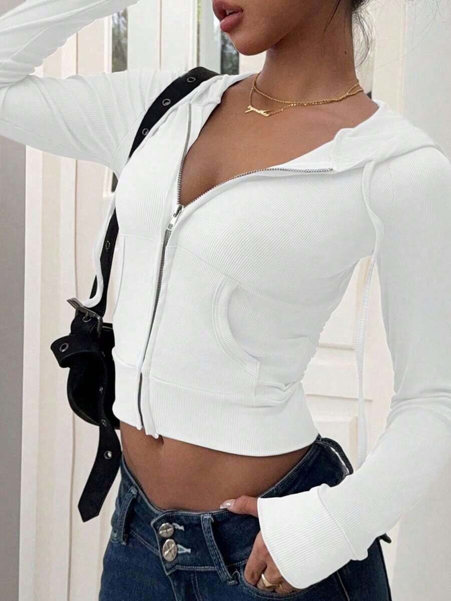 Women's Solid Color Long Sleeve Zipper Front Pocket Hooded Jacket, Autumn Fall Winter Cloth For Women - trắng - Xem 1