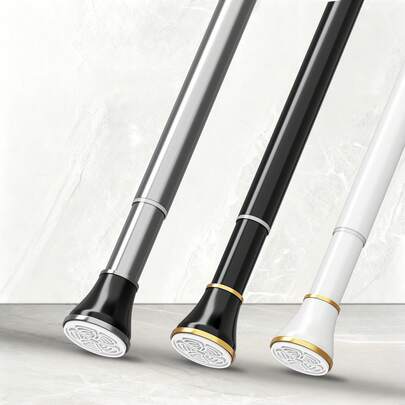 Adjustable Tension Rod With Metal Trim - No Drilling Required, Stainless Steel With Plastic Base, Ideal For Curtains, Closets, Balcony Drying, Available In Black Gold, White Gold, Silver Black