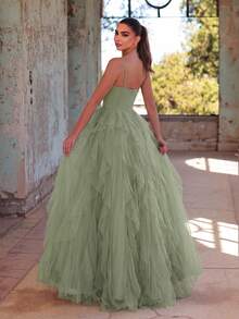 Faeriesty 优雅女士晚礼服，吊带设计，雪纺面料，层叠荷叶边A字裙摆，适合婚礼、盛大晚宴、化装舞会、正式晚宴、黑领结活动、毕业典礼、生日派对及其他春夏正式场合。 - 綠色 - 查看 3