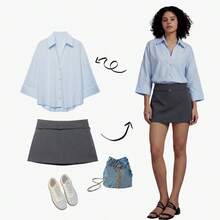 Chân váy ngắn cạp cao màu xám buộc dây, phù hợp mọi mùa. - Xám - Xem 3