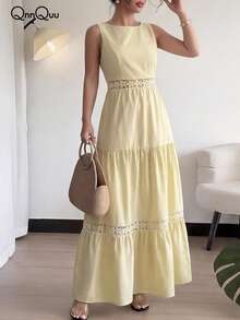 Đầm nữ mùa hè cổ tròn không tay, viền ren, có túi ở eo, thanh lịch, lãng mạn, phù hợp cho mặc hàng ngày, hẹn hò, đi nghỉ mát. - Màu vàng - Xem 5
