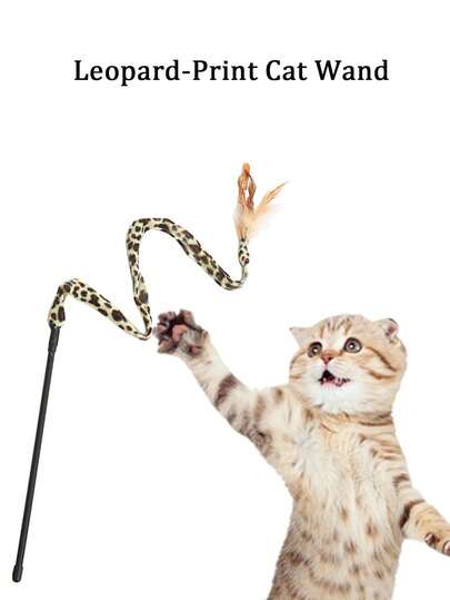 Leopard Print Feather Cat Teaser Wand, Made Of Durable Polyester Fiber, Suitable For All Cat Breeds, With Realistic Feathers For Indoor And Outdoor Use