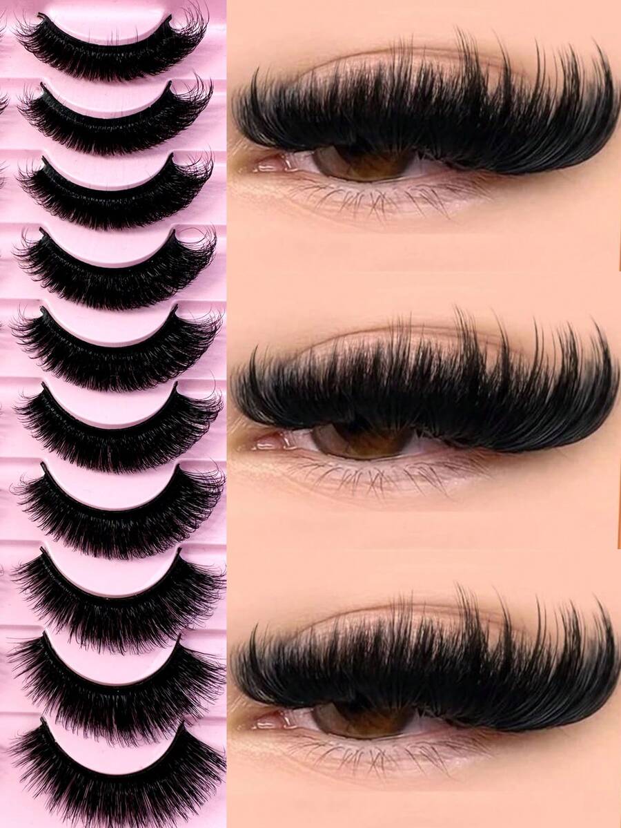 LYBCG New 10pairs Natural Thick And Fluffy False Eyelashes, Creating Charming Messy Mink Eyelashes, Slender And Reusable, 8D Thick And Long-Lasting, Creating A Fox Eye Lifting Effect, The Entire False Eyelash Can Lengthen And Thicken The End - 黑色 - 查看 1
