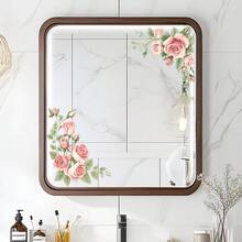 1pc Realistic Pink Rose Flower Corner Decal, Self-Adhesive Removable, Suitable For Bathroom Mirror, Living Room Glass, Rental Home Decor, Creates Warm Atmosphere - Pink Roses - View 1