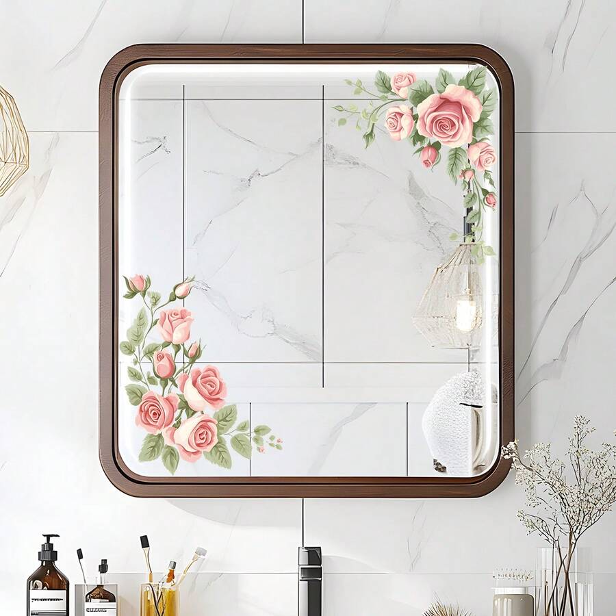 1pc Realistic Pink Rose Flower Corner Decal, Self-Adhesive Removable, Suitable For Bathroom Mirror, Living Room Glass, Rental Home Decor, Creates Warm Atmosphere - Pink Roses - View 1