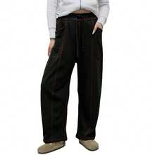 Women's Casual Cylinder Pants Wide Leg Casual Drawstring Sweatpants With Pockets - 黑色 - 查看 2