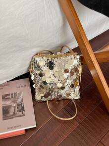 奢华金色大号亮片腋下包，闪亮肩挎斜挎包，适合晚宴派对，小众设计迷你手拿包/手机包 - 金色 - 查看 5