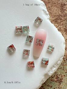 1入 紮染樹脂方形開孔美甲裝飾片，百搭極簡 3D 美甲配件美甲飾品 - 彩色 - 查看 26