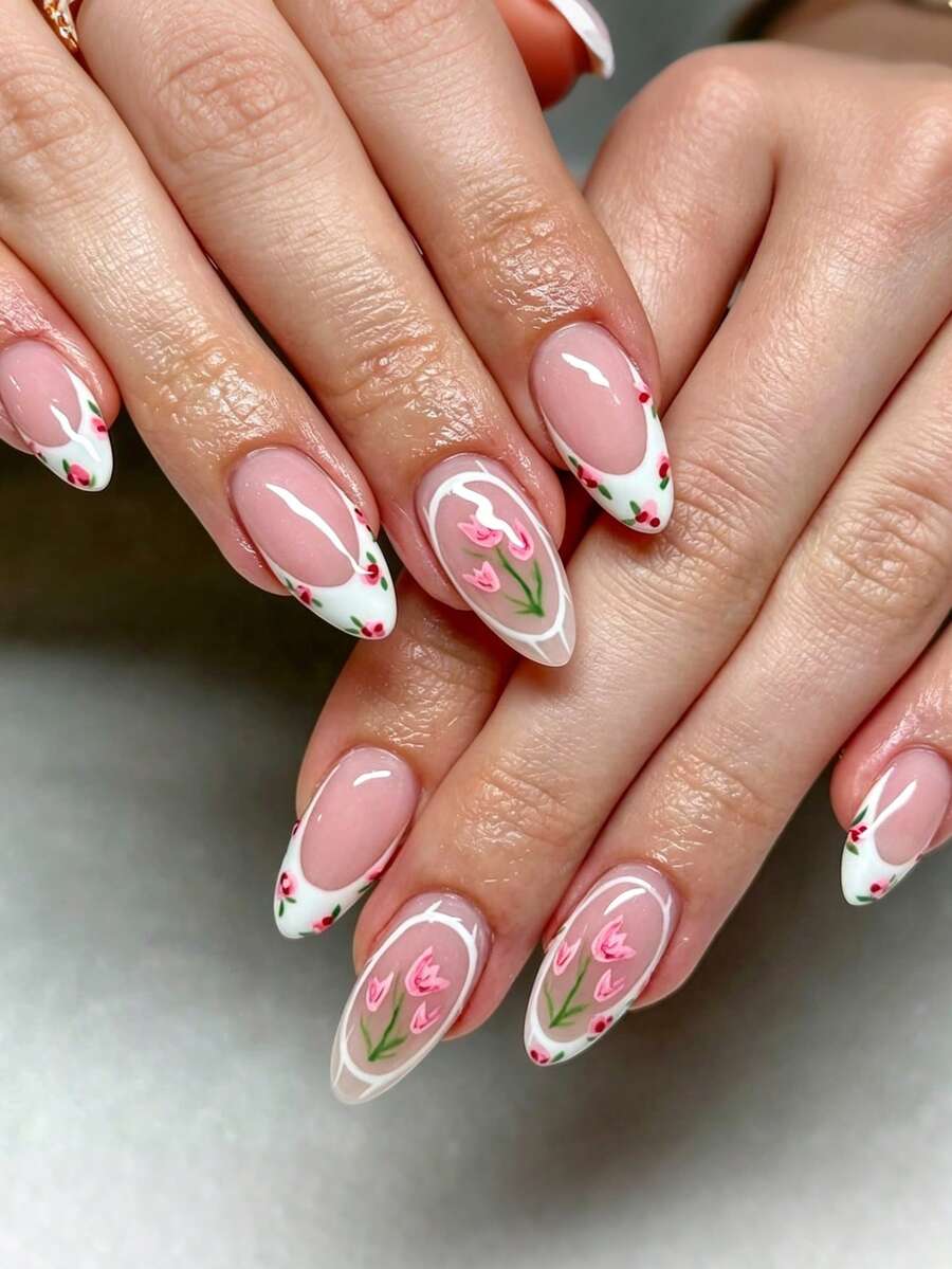 24 buah Kuku Palsu Stiletto Prancis Putih Sedang dengan Desain Seni Garis Mawar, Gaya Elegan, Cakupan Penuh, Cocok untuk Pemakaian Sehari-hari - MultiWarna - View 1
