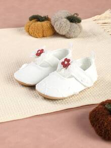 1 Pair Girls Lace Flower Bow Hook And Loop Closure Round Toe Flat Shoes, Cute & Versatile, Suitable For Spring & Autumn - White - View 2