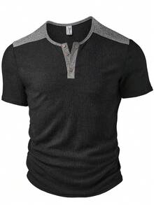 Men's Fashion Casual Outdoor Ribbed Texture V-Neck Single-Breasted Contrast Color Splice Short Sleeve Henley Shirt, Spring/Summer - Black - View 3