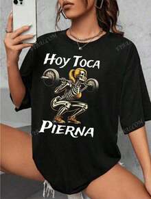 Oversized Blouses For Women, 1pc, Women's Shirt, T-Shirt, Skulls, Cool Skulls, LEG WORKOUT TODAY, GYM, Women's, Graphic Tees, Vintage Shirts, 180g Cotton (S-3XL) 3Q3D - 黑色 - 查看 3
