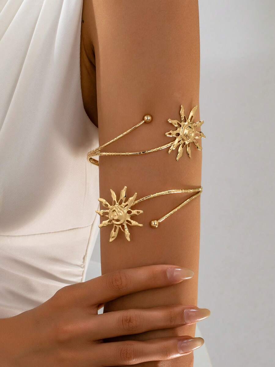 1pc Fashionable Hollow Metal Sun Arm Cuff Bracelet, Suitable For Daily Wear - Golden - View 1
