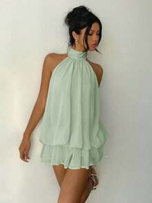 Vestido mini elegante de mujer con cuello halter y lazo en color amarillo claro - Verde 2 - Ver 7