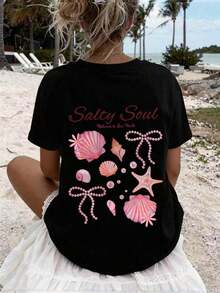 New Spring/Summer 2026 Women's Summer T-Shirt, Round Neck, Print With Shells, Stars And Letters, Short Sleeve, Casual Style For Beach Holidays, Top With Double-Sided Print, Pink. - Black - View 3