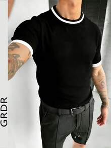 GRDR 男士条纹圆领针织短袖衫 - 休闲、简约、百搭日常穿着 - 黑色 - 查看 5