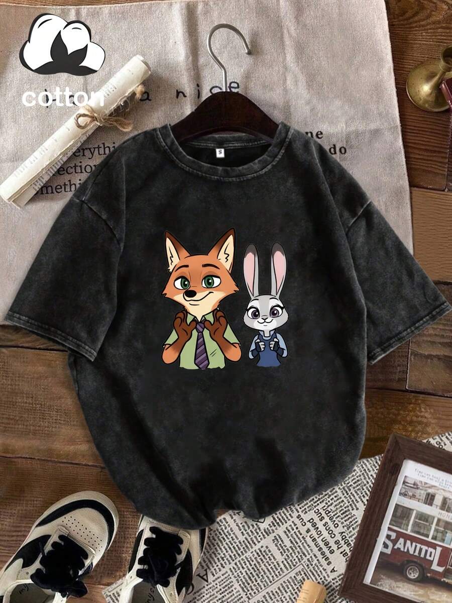 Disney Zootopia Nick Judy Lilo & Stitch Is Not Lazy And. Retro Washed Black Oversized Cotton T-Shirts, Oversized Loose-Fitting T-Shirts For Men And Women, Funny Disney Tops. - 黑色 - 查看 1