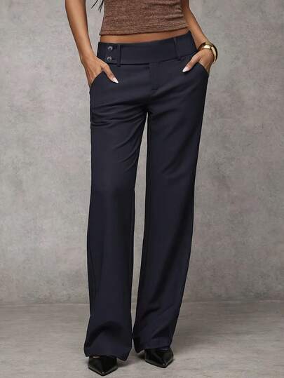 Women's Long Straight Pants - Unique Double-Buckle Waist Design, Fitting Silhouette, Suitable For Daily Commute. Elegant And Fashionable, Versatile And Easy To Match, Suitable For Casual Occasions, Outdoor Sports And All Seasons. Solid Color Fabric For Office