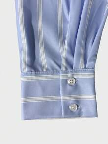 性感美式复古条纹长袖衬衫和高腰短裤套装，女士春季款 - 淺藍色 - 查看 6