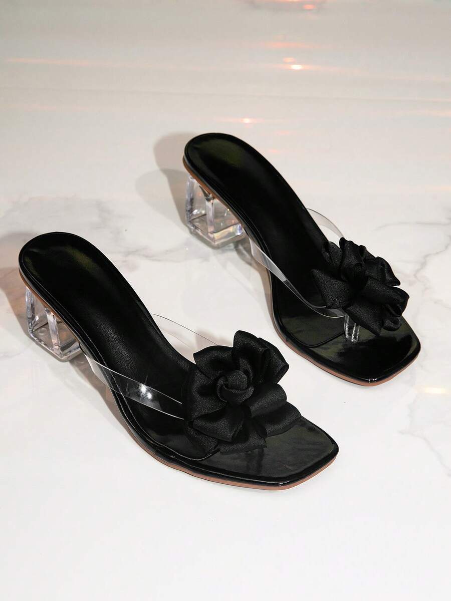 Damen High Heel Sandalen 2026 Sommer Neu Schwarze Pantoletten Damen Outdoor Transparente Kristall Plateau Absatz Blumen Sandalen Sexy Slip-On Pantoletten - Schwarz - Übersicht 1