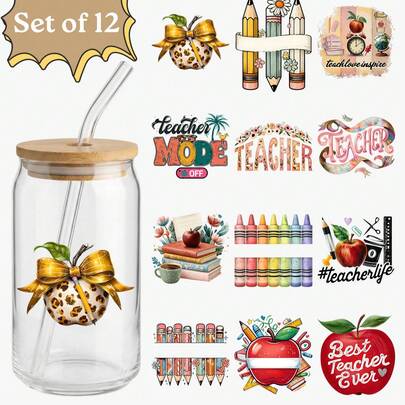 12pcs Teacher Mode OFF UV DTF Stickers (2.75x3.5in), Leopard Apple & Best Teacher Ever Decals For Coffee Mugs, Summer Break Gift, #Teacherlife DIY Craft