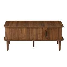 Retro-Modern Coffee Table, Height-Adjustable Top, Sliding Door, Walnut Finish, Vertical Grooves, Wooden Legs, Multifunctional Living Room Table - Walnut - View 10