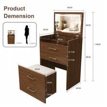 3-In-1 Dressing Table With Open Mirror, Small Dressing Table With Clear Glass Top, Compact Dressing Table With 3 Drawers, Dressing Table For Bedroom, Dimensions: 60 Cm Wide X 118 Cm High X 40 Cm Deep. - Natural Color - View 3