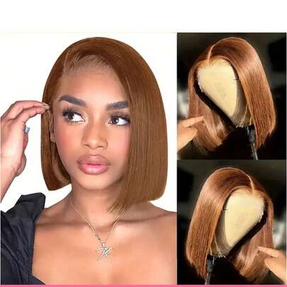 女士巴西13*4蕾丝前假发，180%密度，波波头假发，6-16英寸混合发丝，透明蕾丝，预先拔毛，自然逼真，适合日常佩戴、家庭聚会、节日、派对等场合，黑色/棕色/酒红色/橙色可选，适合所有人群。