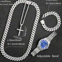 Bộ đồng hồ và trang sức phong cách Hip Hop: Mặt đồng hồ màu xanh dương với chữ số La Mã, vòng tay Cuban Link đính kim cương toàn bộ và dây chuyền hình thánh giá, bộ 4 món. Sang trọng và thời trang, hoàn hảo cho đi làm hàng ngày, dự tiệc, làm quà tặng, sinh nhật và Ngày của Cha (Không kèm hộp). - Nhiều màu - Xem 3