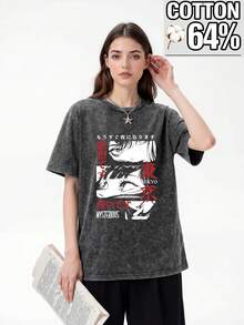 Women's Regular Cotton Snow-Wash Crew Neck Short-Sleeve T-Shirt, Stylish And Minimalist With Popular Anime Character Print, Suitable For Ladies' Commuting Wear In Spring, Summer And Autumn. Casual - Black - View 1
