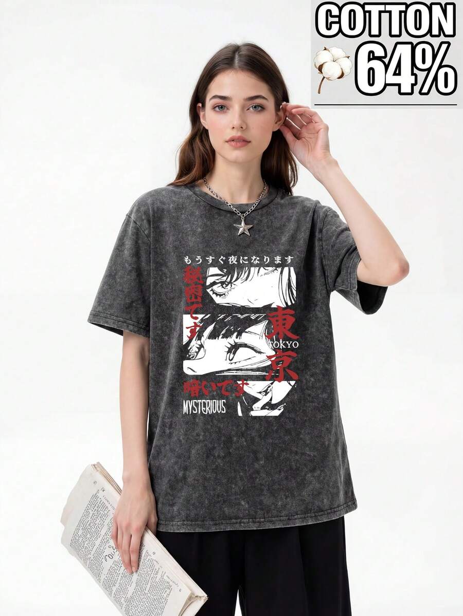 Women's Regular Cotton Snow-Wash Crew Neck Short-Sleeve T-Shirt, Stylish And Minimalist With Popular Anime Character Print, Suitable For Ladies' Commuting Wear In Spring, Summer And Autumn. Casual - Black - View 1