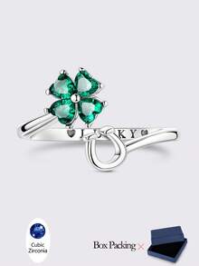 1pc 925 Sterling Silver Ring, Adding Luck And Luxury To Your Style. This Open-Band Ring Features A Sparkling Emerald-Cut Cubic Zirconia Stone In A Four-Leaf Clover Shape, Accented With Polished Silver-Plated Lucky Horseshoe Details And "LUCKY" Engraving. - Silver - View 10