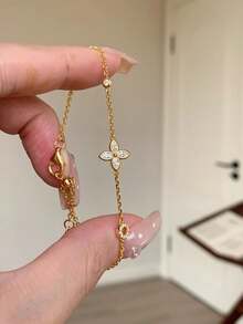 1件女款四葉花泡泡手鍊，簡約優雅百搭微鑲鋯石可疊戴奢華日常穿戴珠寶手鍊 - 簡約四葉手鍊 - 查看 3