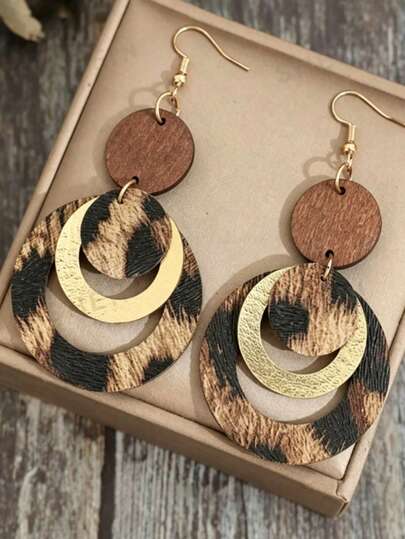 1 Pair Vintage Personalized Multi-Layer Leopard Print Metal & Leather Fashion Earrings, Versatile For Women