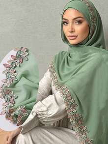 1件刺绣叶子蕾丝边饰端庄透气雪纺围巾头巾，春夏款 - 薄荷綠 - 查看 1