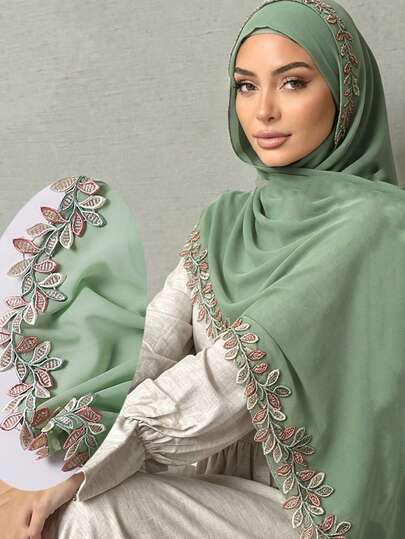 1件刺绣叶子蕾丝边饰端庄透气雪纺围巾头巾，春夏款