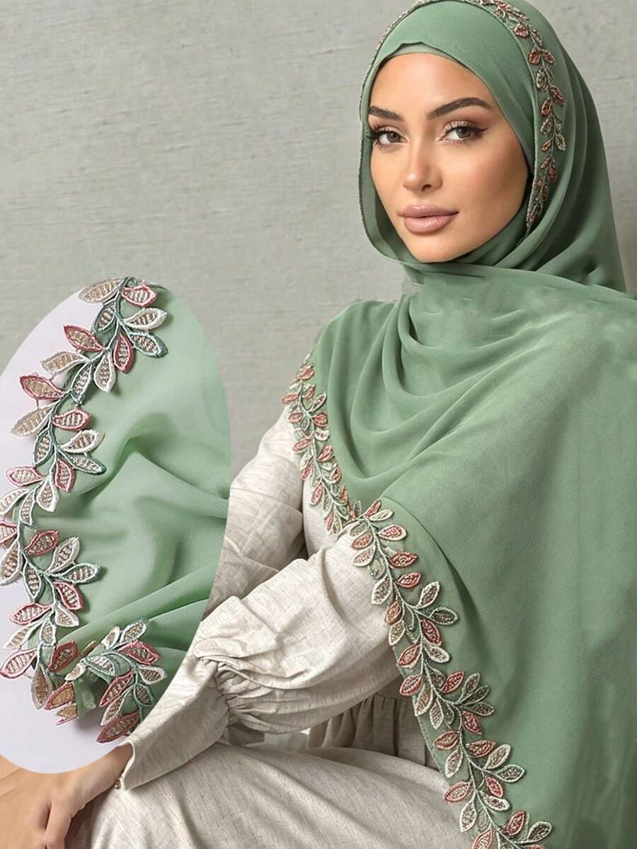 1件刺绣叶子蕾丝边饰端庄透气雪纺围巾头巾，春夏款 - 薄荷綠 - 查看 1