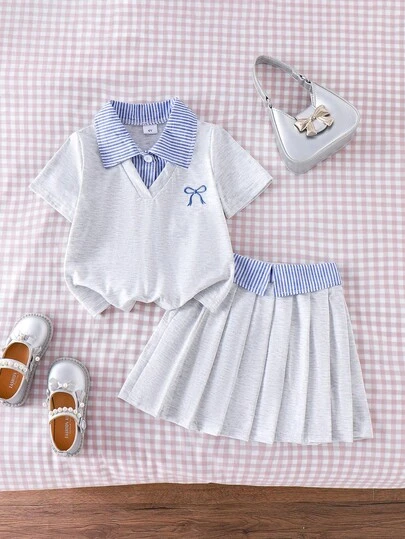 2pcs/Set Toddler Girls' Collegiate Casual Sports Bow Embroidery Striped Contrast Polo Shirt + Matching Elastic Waist Pleated Skirt Set, Summer