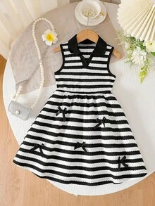 Đầm chữ A không tay kẻ sọc cho bé gái, có chi tiết nơ, cổ áo, thích hợp mặc thường ngày và dự tiệc mùa hè. - Đen và trắng - Xem 1
