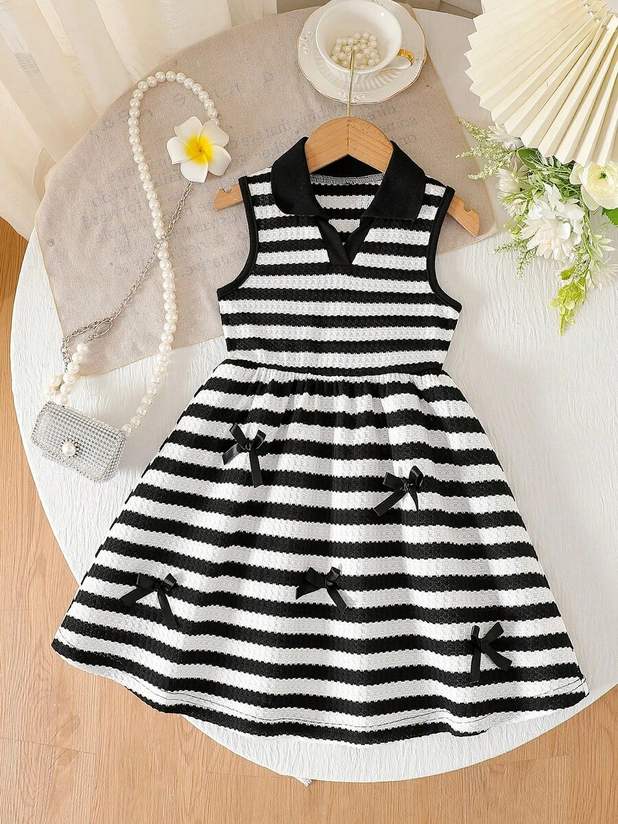 Đầm chữ A không tay kẻ sọc cho bé gái, có chi tiết nơ, cổ áo, thích hợp mặc thường ngày và dự tiệc mùa hè. - Đen và trắng - Xem 1
