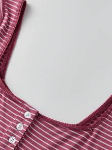 Women Long Sleeve Babydoll Tops Slim Solid/Striped Square Neck Crop Shirts For Spring Fall - Red - View 2