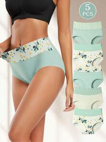 5pcs Printed High Waist Cotton Women's Panties, Soft & Comfortable Ladies Underwear - Multicolor - View 2