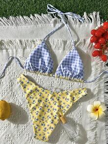 Swim Mod New Women's Summer 2 Pieces Random Floral & Plaid Print Triangle Halter Bikini Top And Bottom Set, Beach Vacation Swimwear - Nhiều màu 8 - Xem 6