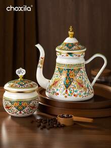 choxila 1pc 1.2L Large Capacity Enamel Floral Pattern Handle Drip Coffee Pot, Suitable For Induction Cooktop And Gas Stove To Brew Coffee Or Tea - Russian Flower Waist Enamel Pot - View 1