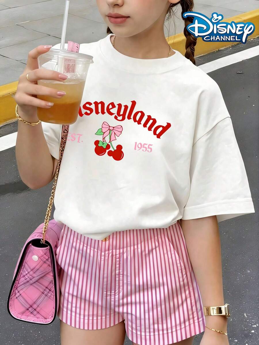 Disney Disneyland Cherry Cute Print Summer Tops,Minnie Mouse Outfit Disney Kids,Graphic Tee,Perfect For Cute Girls. Teen Girl Gift,Tween Summer Clothes,Comfortable And Breathable Children's Short-Sleeved T-Shirt. Suitable For Both Boys And Girls.Suitable For Daily Wear, Vacations, Outdoor Activities, And As A Children's Gift. - 白色 - 查看 1