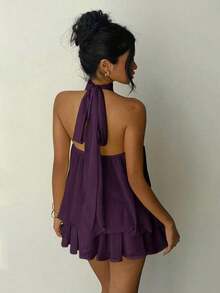 Vestido mini elegante de mujer con cuello halter y lazo en color amarillo claro - Morado - Ver 2