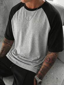 GRDR Men's Summer Raglan Colorblock Casual Retro American Style Round Neck Short Sleeve T-Shirt, Comfortable & Fashionable - Grey - View 3